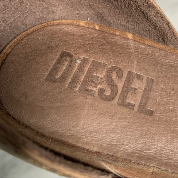 Diesel Brown Leather Distressed Stacked Heel Ankle Strap Open Toe Heeled Sandals - Picture 2 of 11